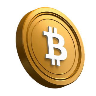 Elemento visual de la moneda Bitcoin BTC en posición inclinada dentro de la sección principal